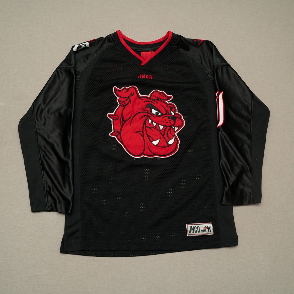 Vintage 90s Y2k JNCO Bulldog Jersey J85 Black Red 3/4 Long Sleeve Metal Adult M